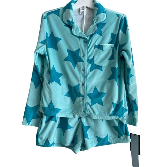 Art Class Girls NWT PJ Set (L 10/12) – Star Print Aqua Blue Button Top & Shorts - Picture 1 of 5